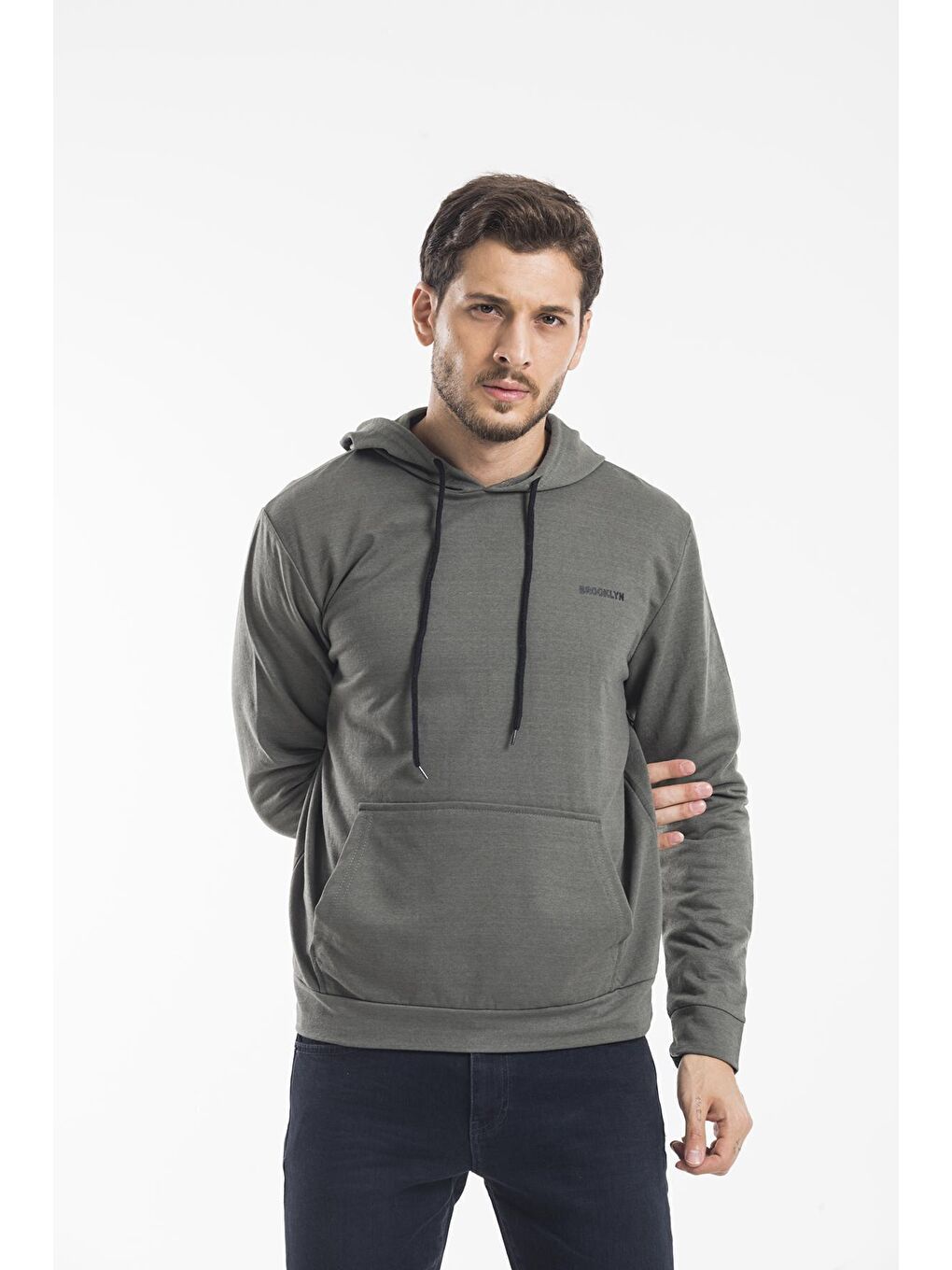 Süperlife Haki Kapüşonlu Uzun Kollu Baskılı Dar Kalıp İnce Erkek Sweatshirt SPR 2019K61 - 1