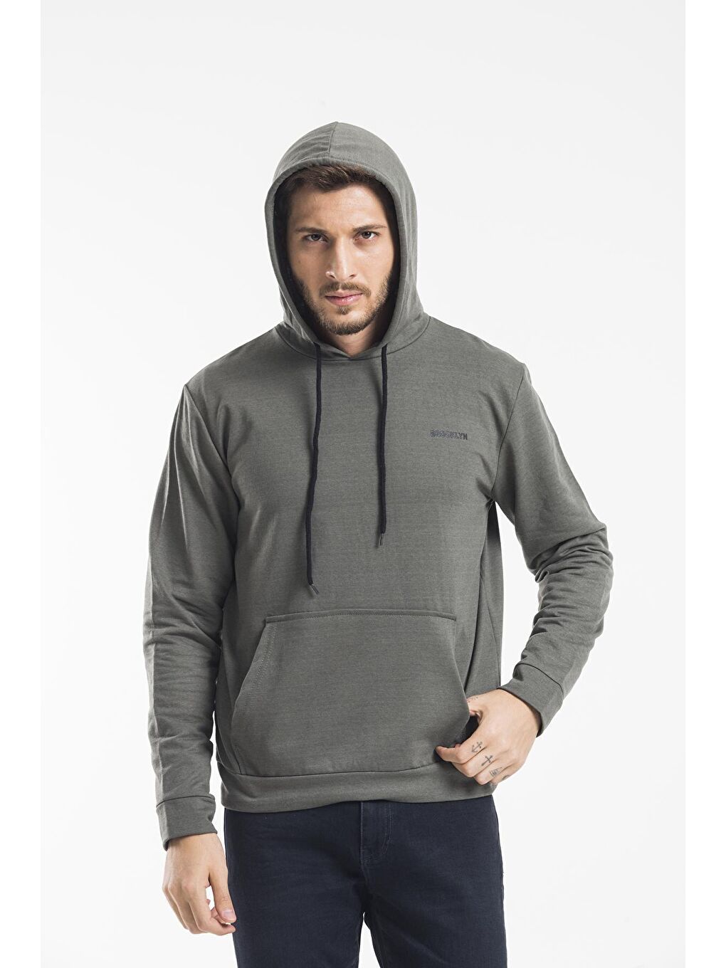 Süperlife Haki Kapüşonlu Uzun Kollu Baskılı Dar Kalıp İnce Erkek Sweatshirt SPR 2019K61 - 2