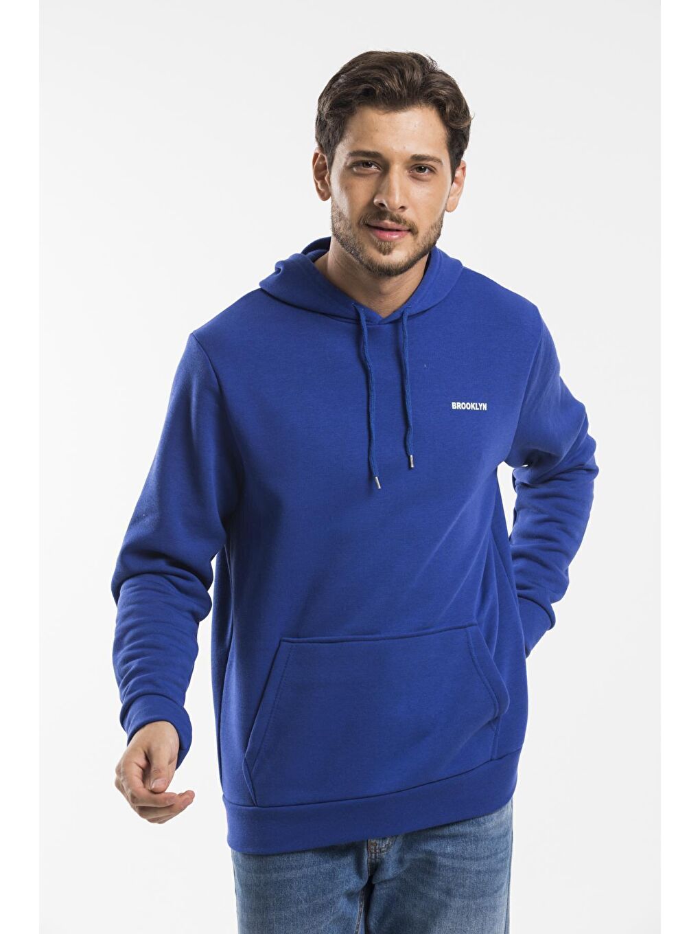 Süperlife Mavi Kapüşonlu Uzun Kollu Baskılı Dar Kalıp İnce Erkek Hoodie SPR 2019K61