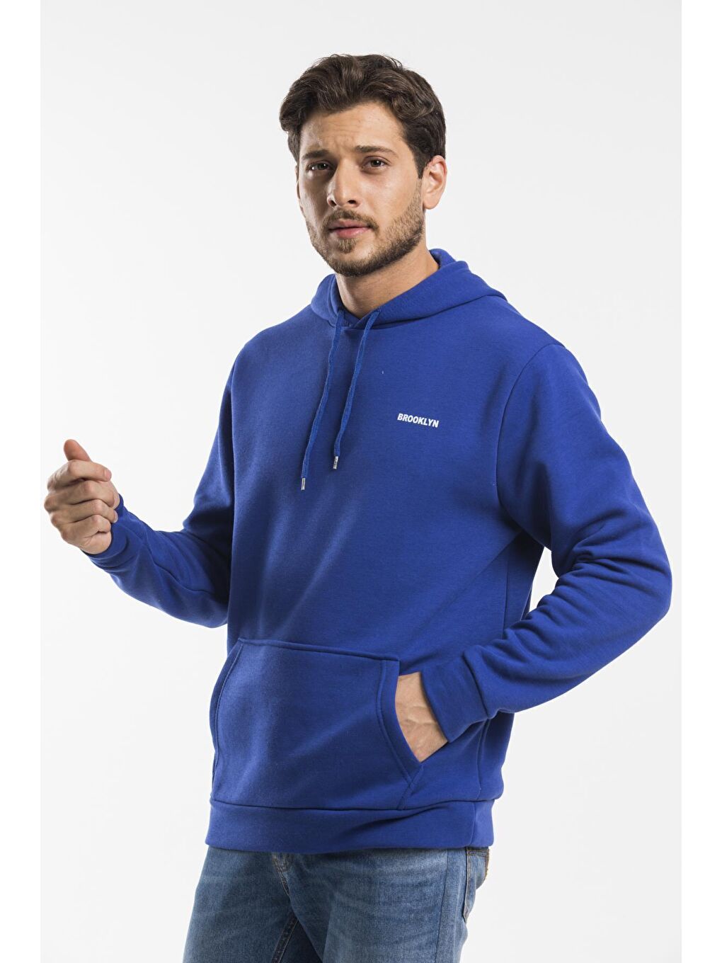Süperlife Mavi Kapüşonlu Uzun Kollu Baskılı Dar Kalıp İnce Erkek Hoodie SPR 2019K61 - 2