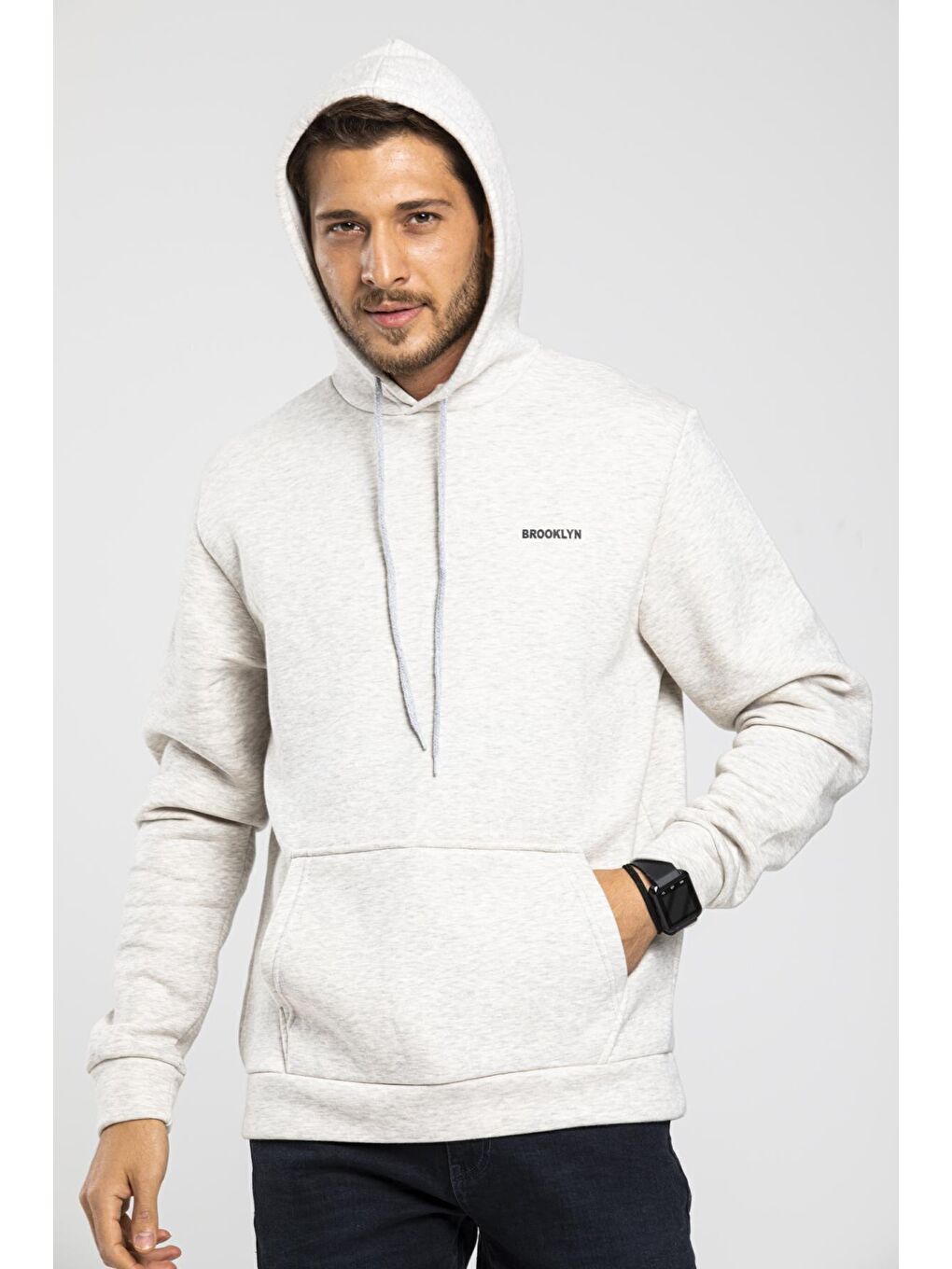 Süperlife Ekru Kapüşonlu Uzun Kollu Baskılı Dar Kalıp İnce Erkek Sweatshirt SPR 2019K61 - 1