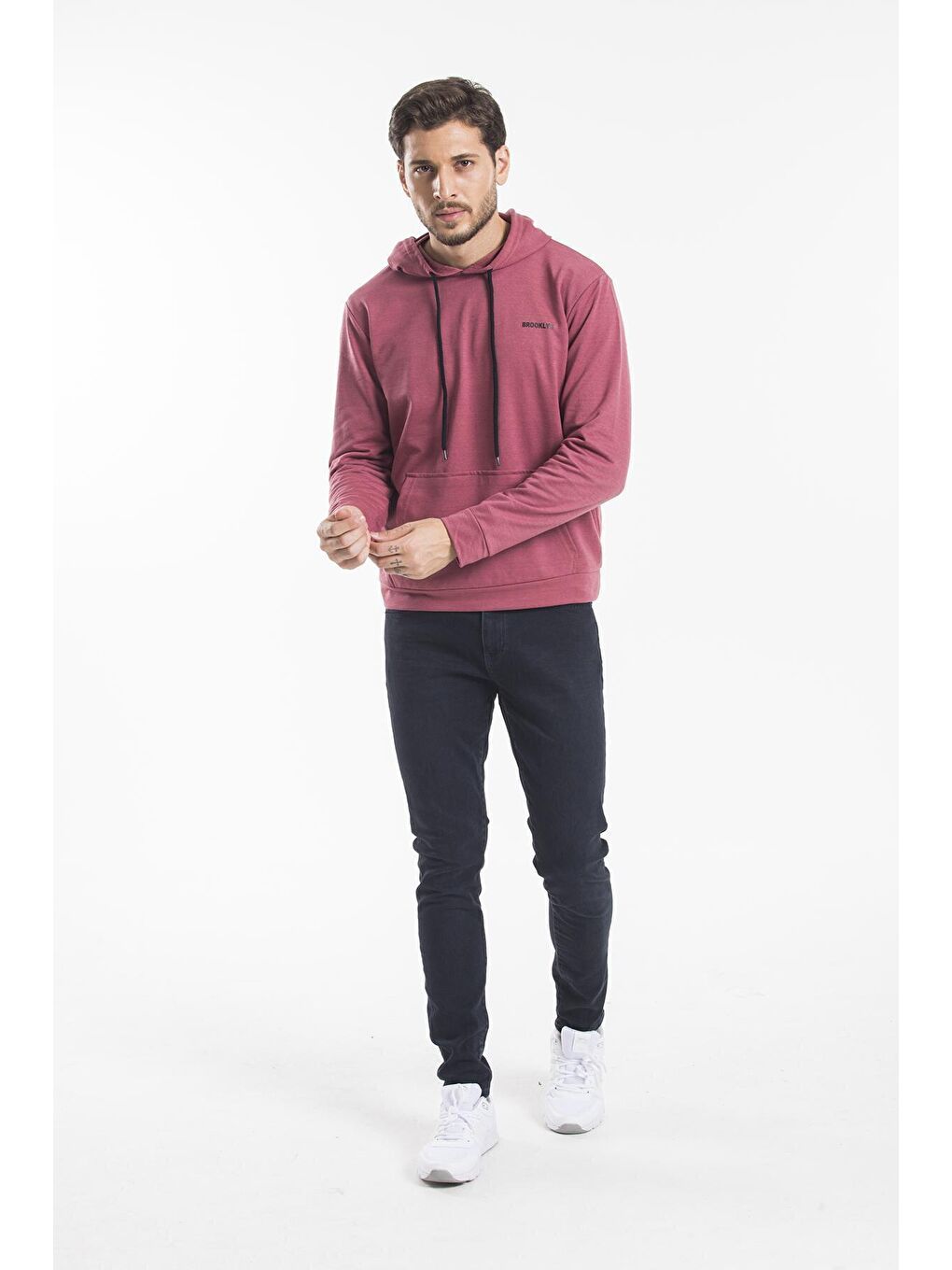 Süperlife Pembe Kapüşonlu Uzun Kollu Baskılı Dar Kalıp İnce Erkek Hoodie SPR 2019K61