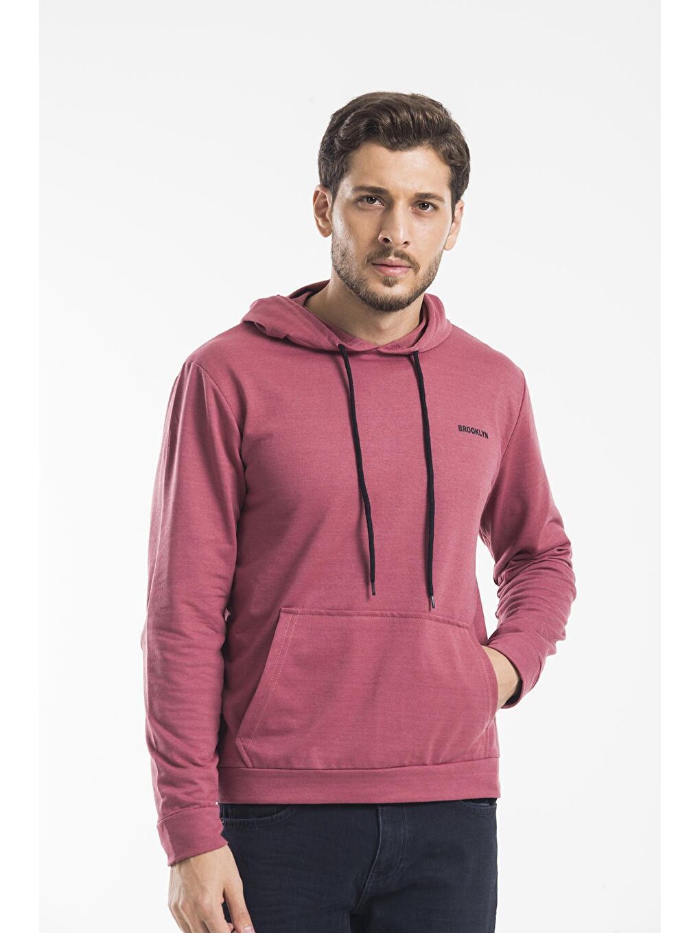 Süperlife Pembe Kapüşonlu Uzun Kollu Baskılı Dar Kalıp İnce Erkek Hoodie SPR 2019K61 - 1