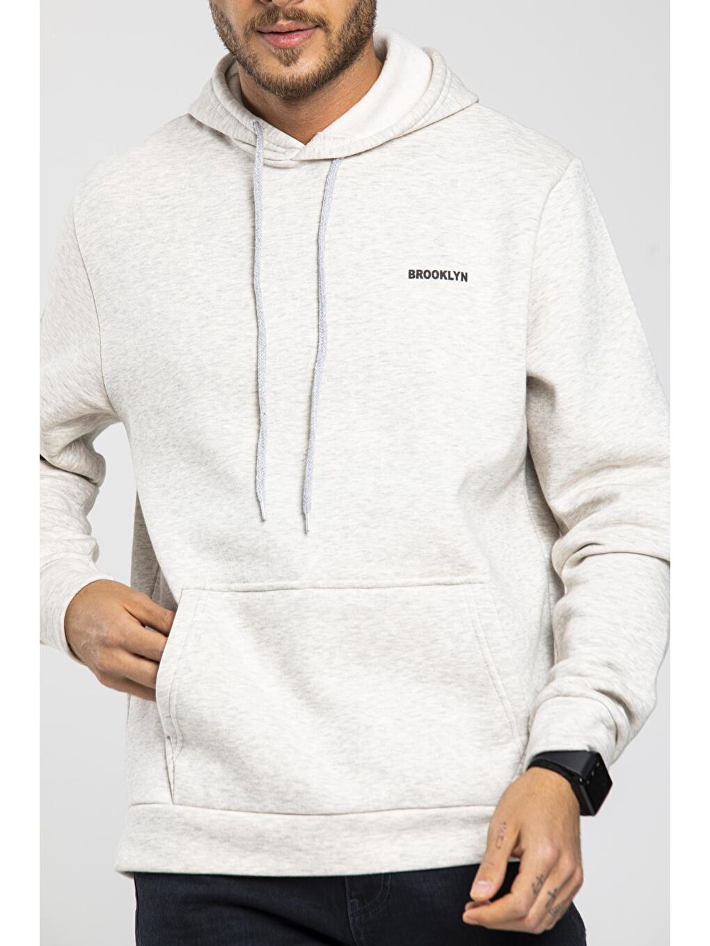 Süperlife Ekru Kapüşonlu Uzun Kollu Baskılı Dar Kalıp İnce Erkek Sweatshirt SPR 2019K61 - 4