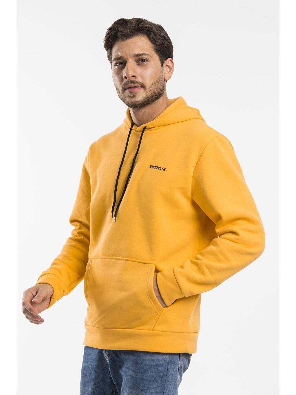 Süperlife Sari Kapüşonlu Uzun Kollu Baskılı Dar Kalıp İnce Erkek Hoodie SPR 2019K61