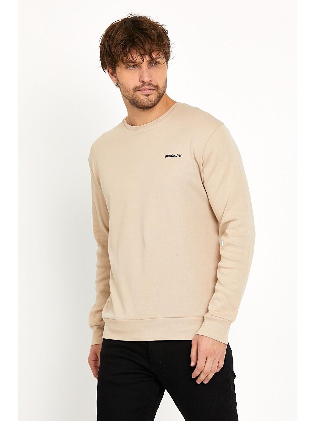 Süperlife Bej Bisiklet Yaka Uzun Kollu Dar Kalıp İnce Erkek Sweatshirt SPR2019K18