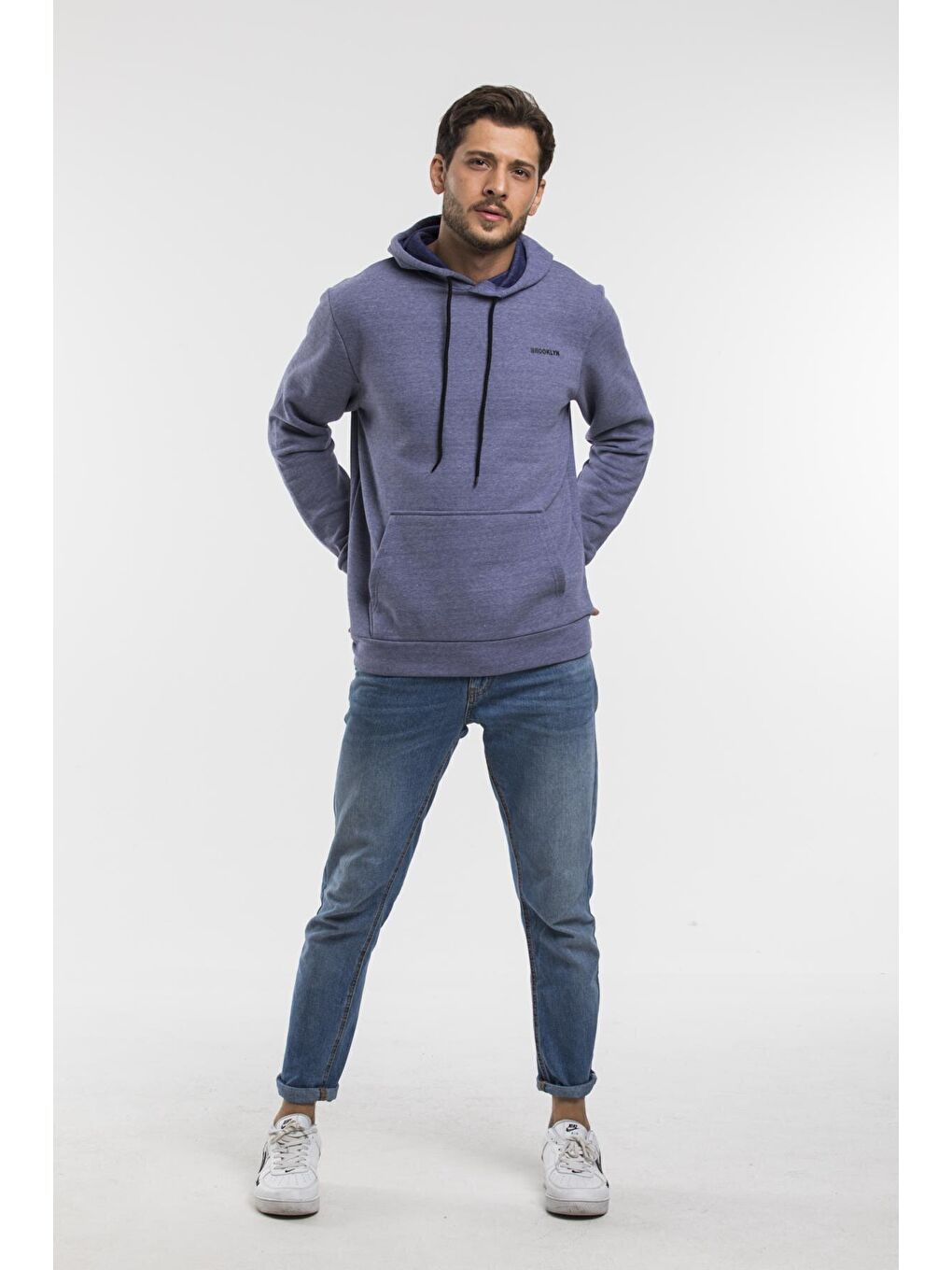 Süperlife İndigo Kapüşonlu Uzun Kollu Baskılı Dar Kalıp İnce Erkek Sweatshirt SPR 2019K61 - 2