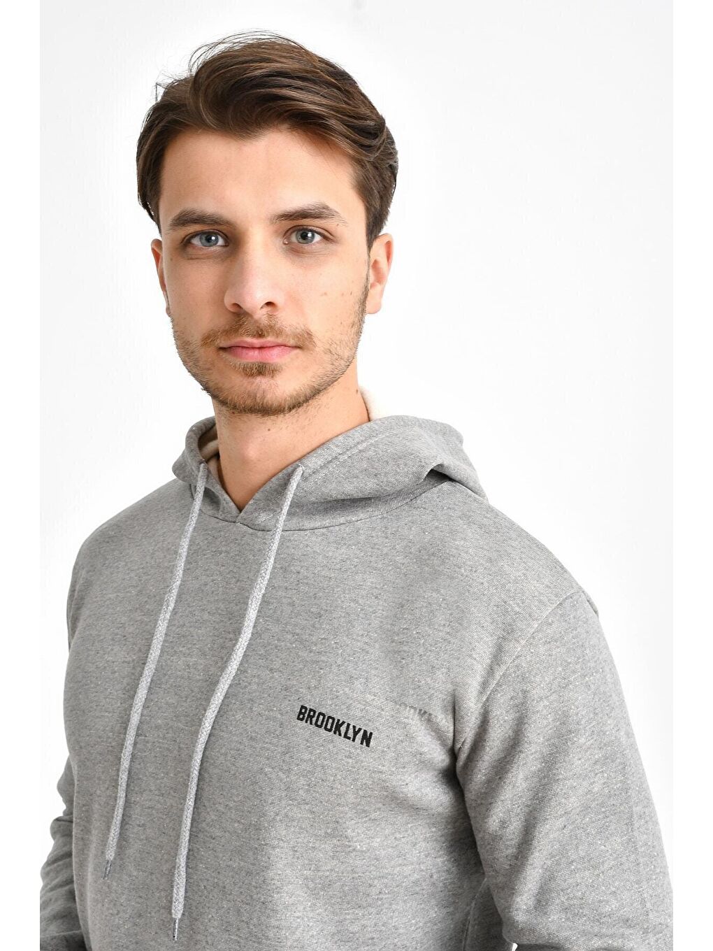 Gri Kapüşonlu Uzun Kollu Baskılı Dar Kalıp İnce Erkek Hoodie SPR 2019K61-1