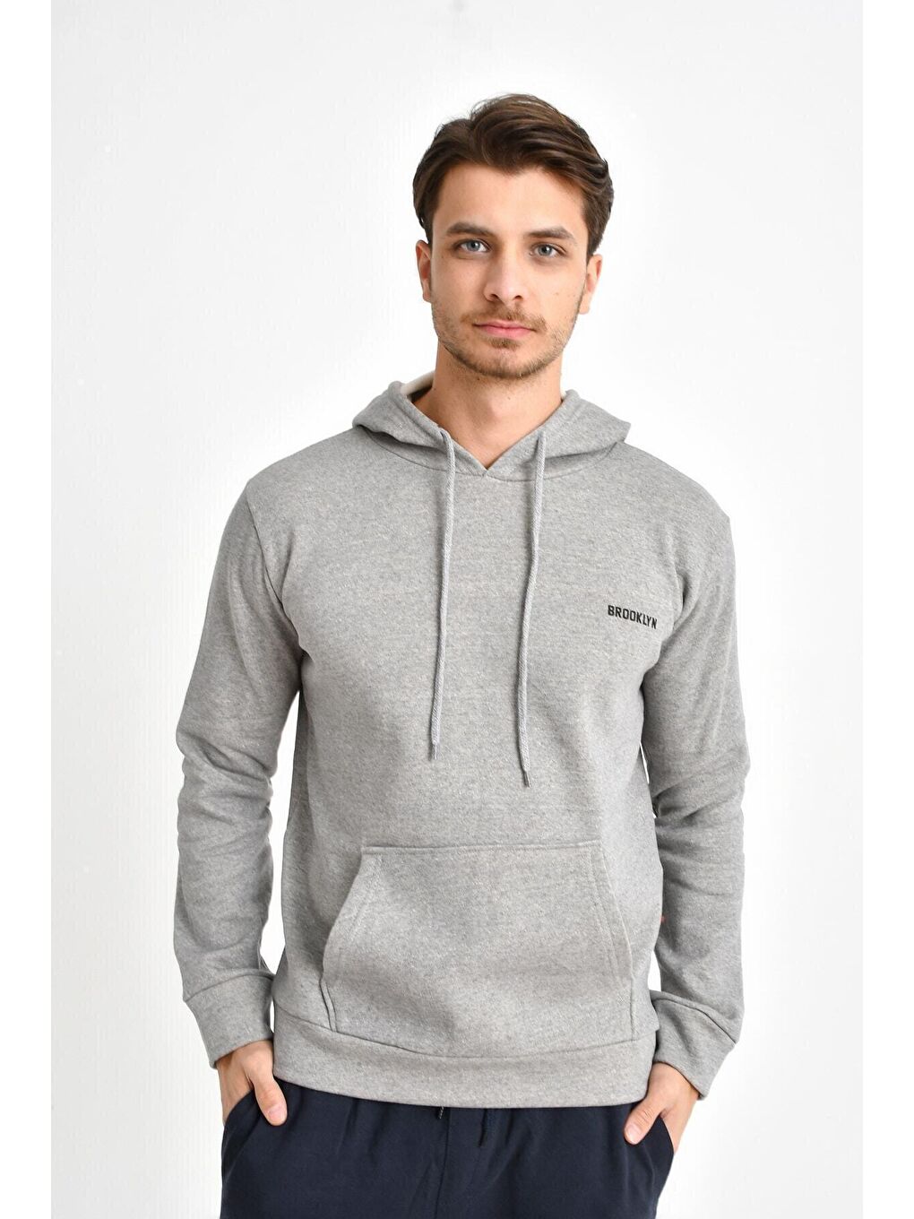 Gri Kapüşonlu Uzun Kollu Baskılı Dar Kalıp İnce Erkek Hoodie SPR 2019K61-2