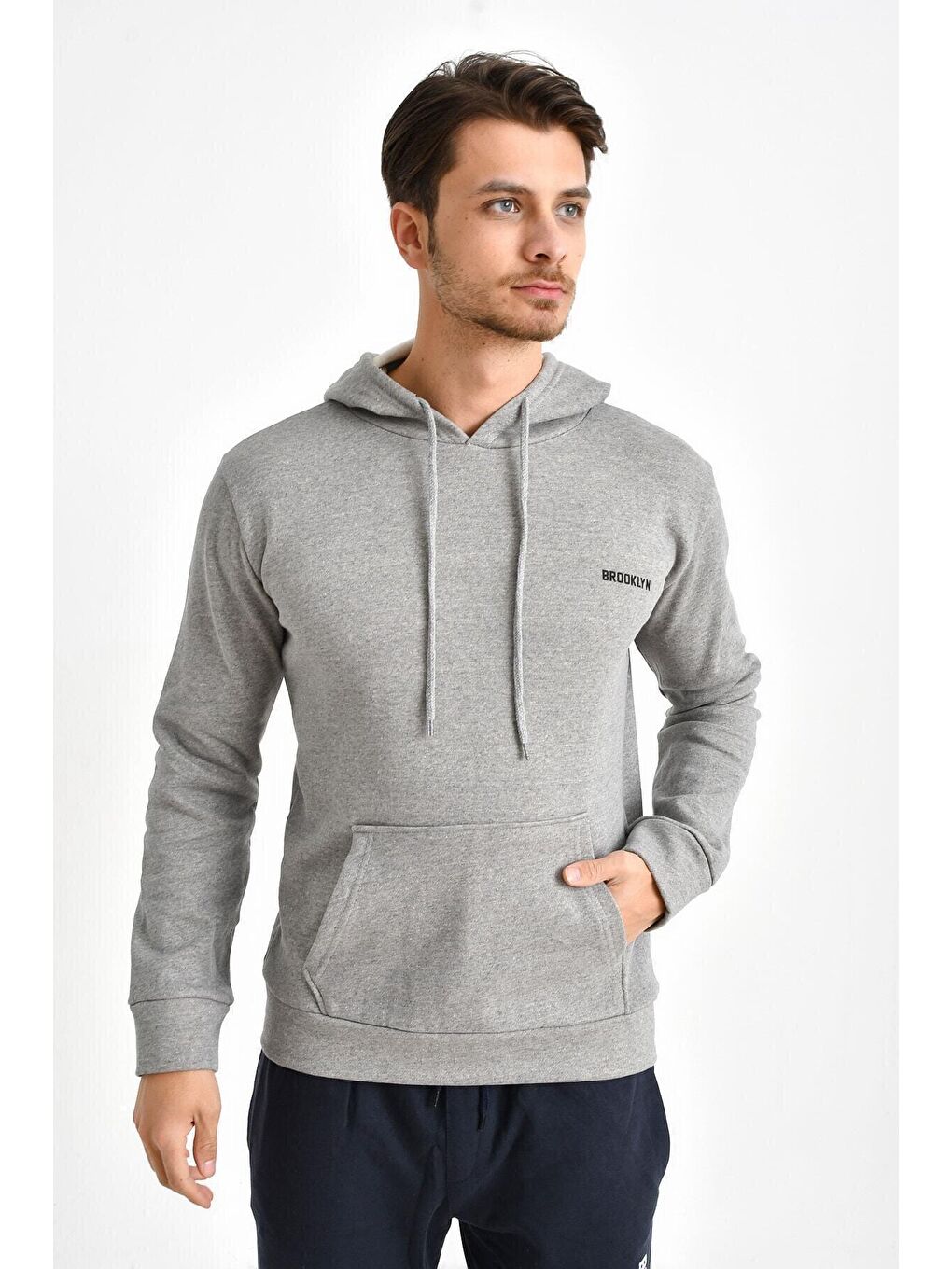 Gri Kapüşonlu Uzun Kollu Baskılı Dar Kalıp İnce Erkek Hoodie SPR 2019K61-3