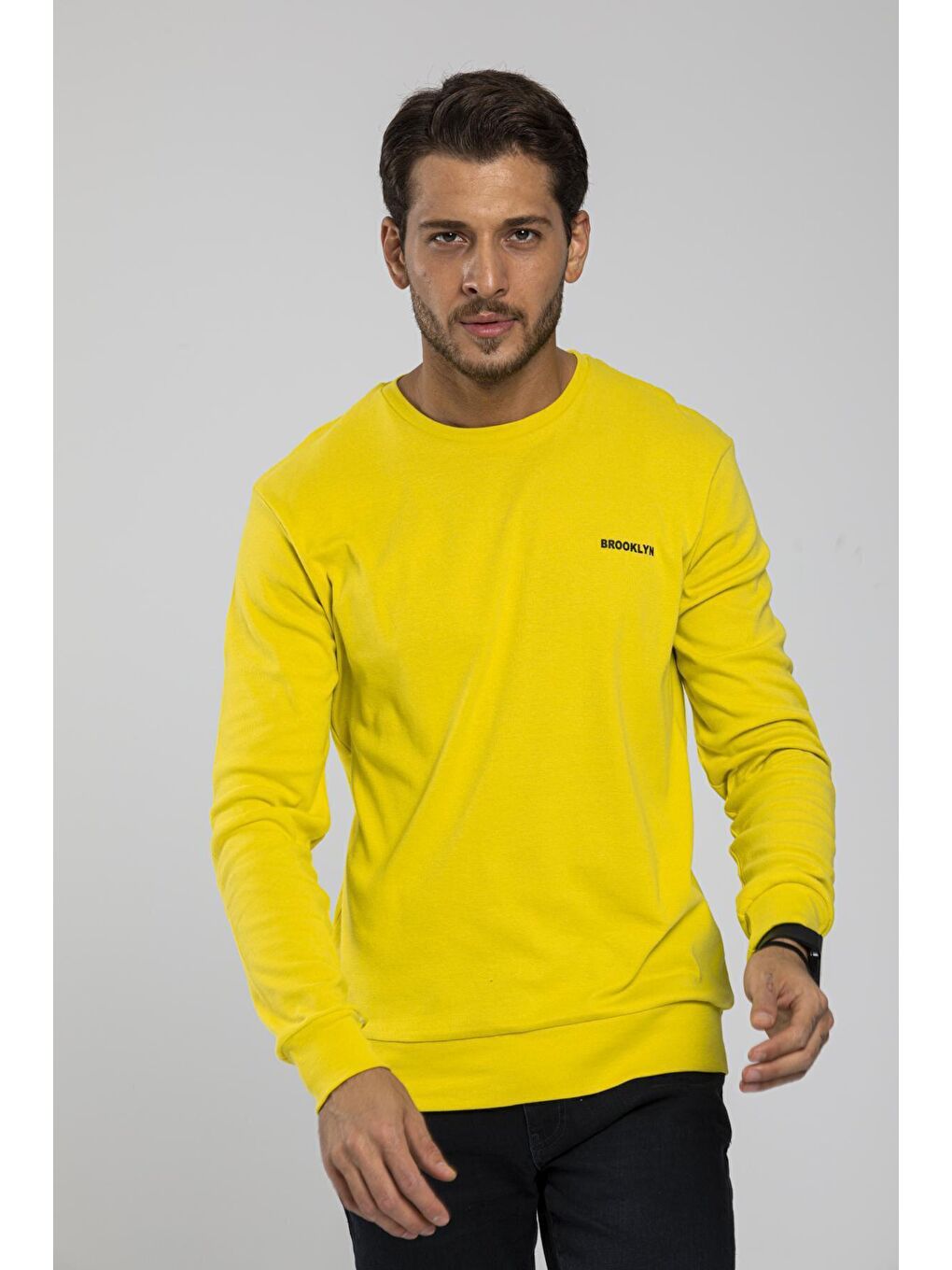 Süperlife Sarı Bisiklet Yaka Uzun Kollu Dar Kalıp İnce Erkek Sweatshirt SPR2019K18 - 2