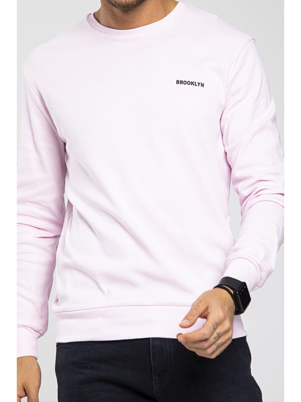 Süperlife Pembe Bisiklet Yaka Uzun Kollu Dar Kalıp İnce Erkek Sweatshirt SPR2019K18