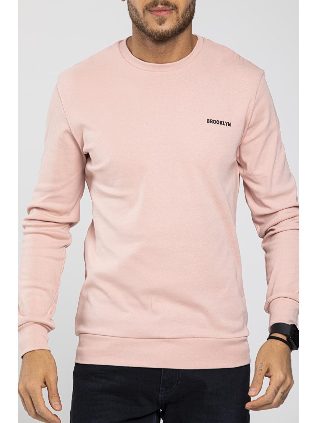 Süperlife Pembe Bisiklet Yaka Uzun Kollu Dar Kalıp İnce Erkek Sweatshirt SPR2019K18