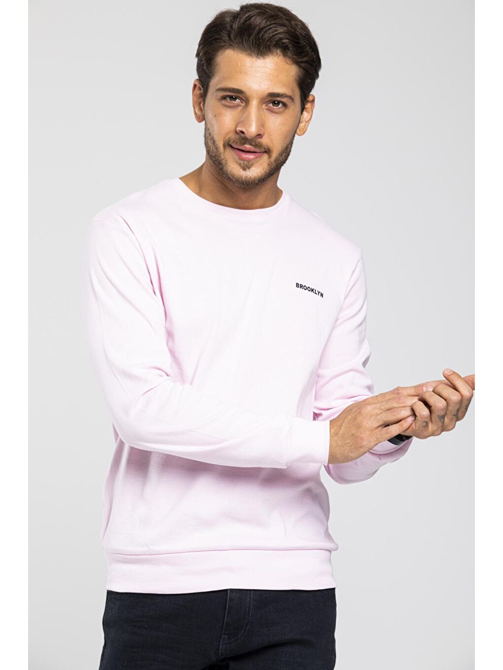 Süperlife Pembe Bisiklet Yaka Uzun Kollu Dar Kalıp İnce Erkek Sweatshirt SPR2019K18 - 1