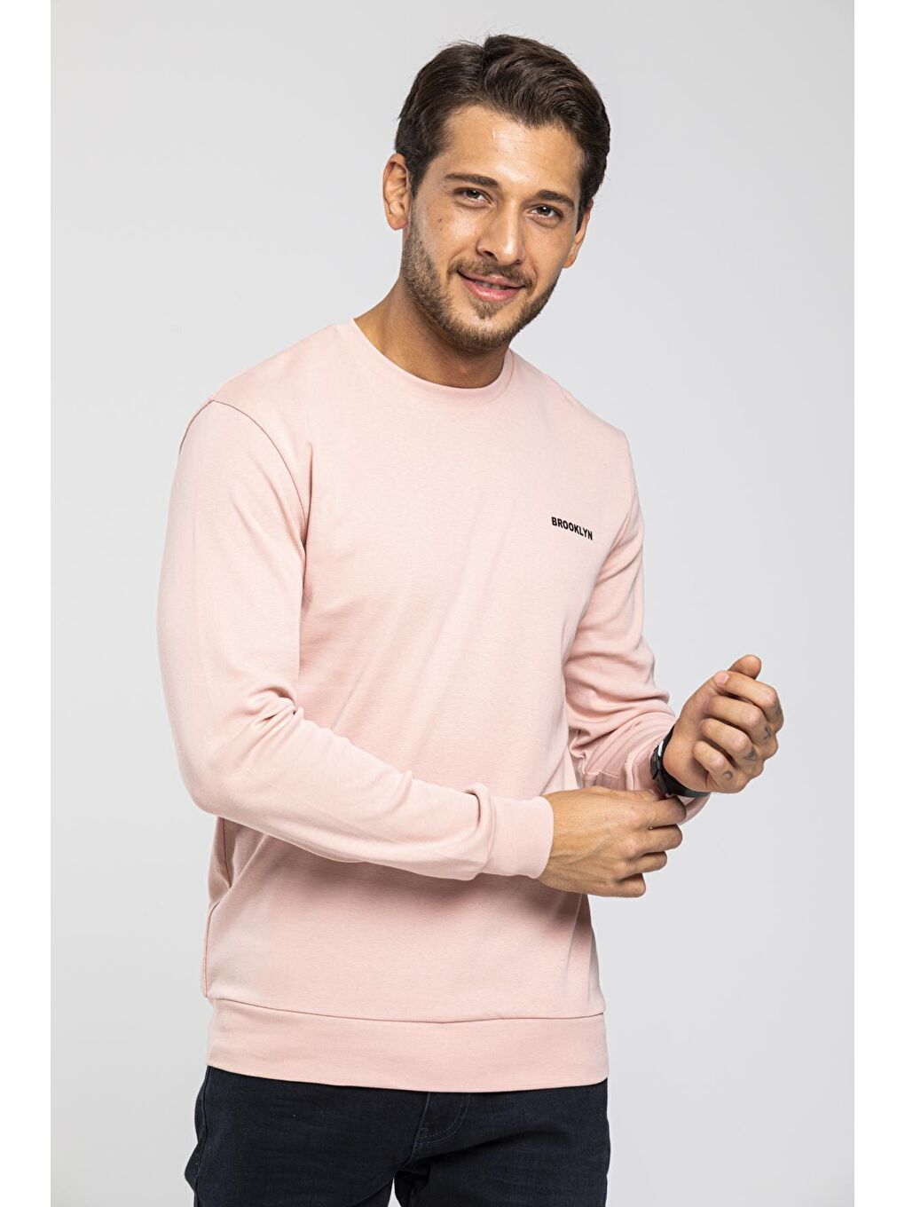 Süperlife Pembe Bisiklet Yaka Uzun Kollu Dar Kalıp İnce Erkek Sweatshirt SPR2019K18 - 1