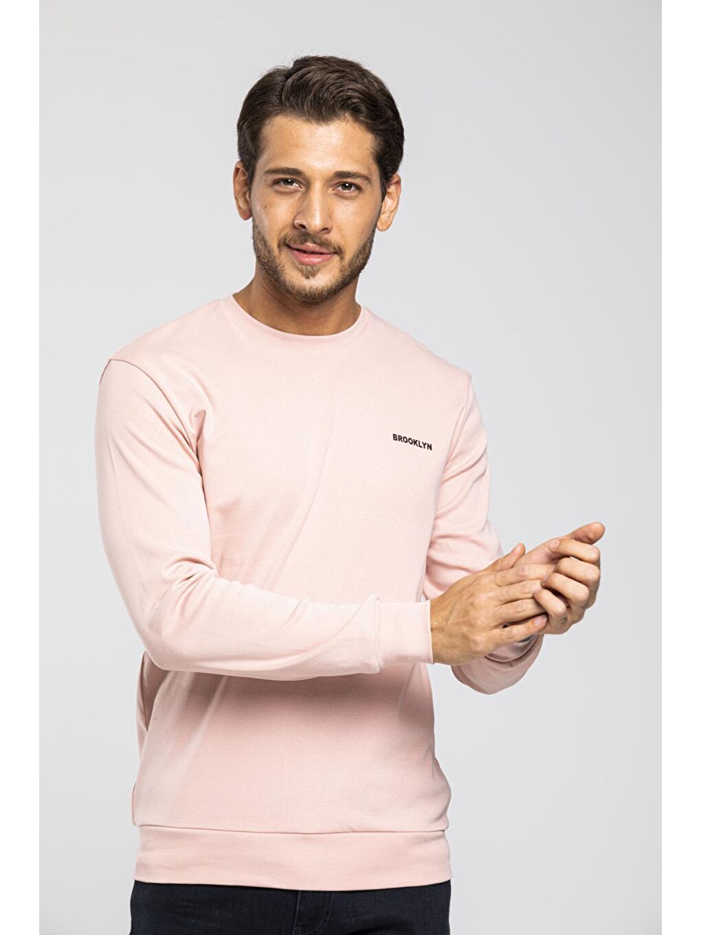 Süperlife Pembe Bisiklet Yaka Uzun Kollu Dar Kalıp İnce Erkek Sweatshirt SPR2019K18 - 4