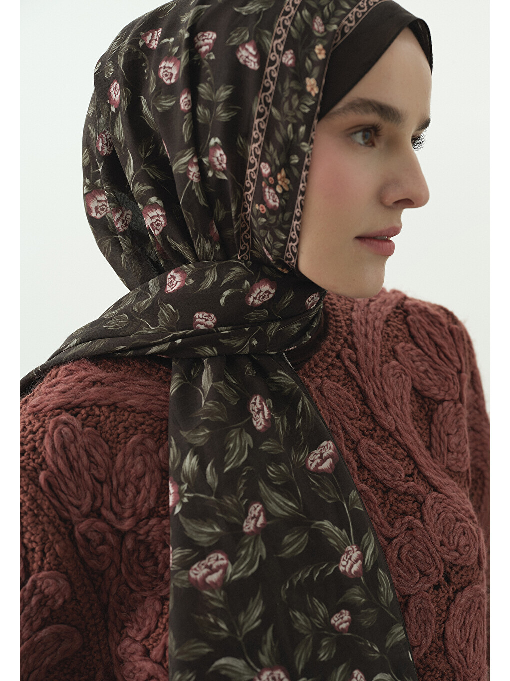 Kahverengi Leana Desenli Pamuk Viskon Şal Kahve-3