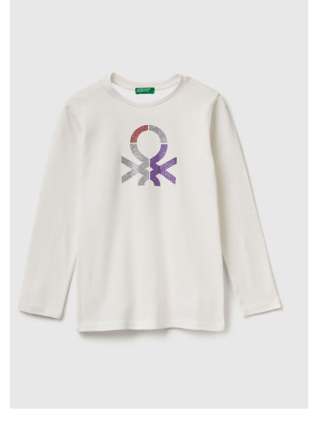 Kız Çocuk Ekru Önü Parıltılı Logo Baskılı Regular Fit Uzun Kollu T-shirt