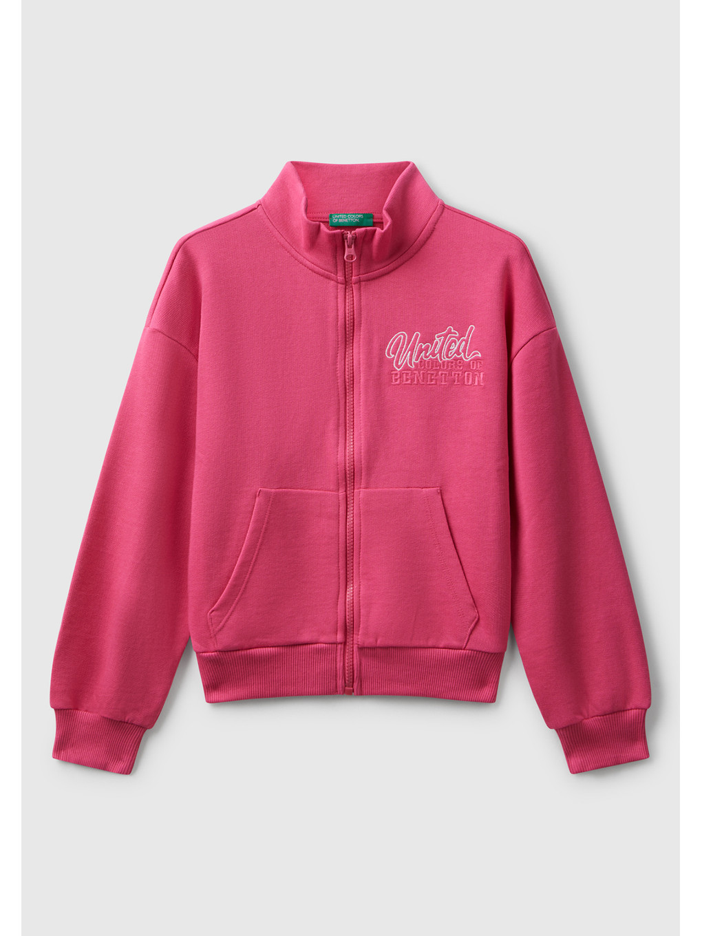 Kız Çocuk Pembe Önü Logo Nakışlı Cepli Fermuarlı Dik Yaka Sweatshirt