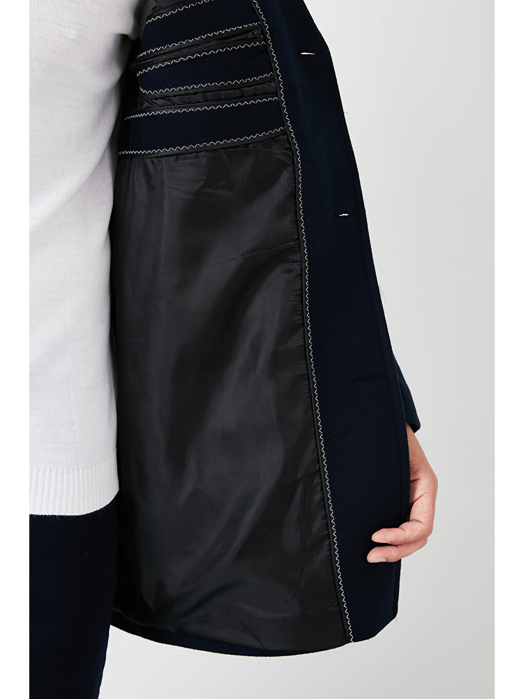 Lacivert Slim Fit Tek Yırtmaçlı Düğmeli Mono Yaka Kaşe Erkek Kaban 5840098-5