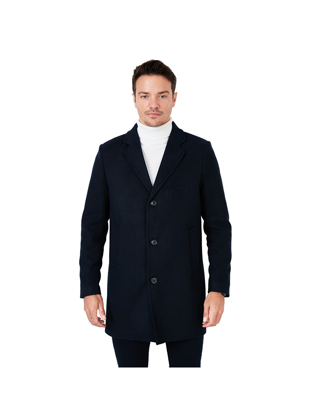 Lacivert Slim Fit Tek Yırtmaçlı Düğmeli Mono Yaka Kaşe Erkek Kaban 5840098-6