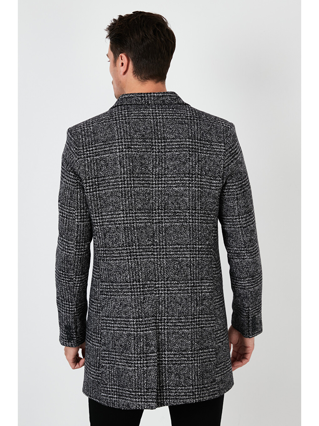 Siyah Slim Fit Tek Yırtmaçlı Düğmeli Mono Yaka Kaşe Erkek Kaban 5840098-5