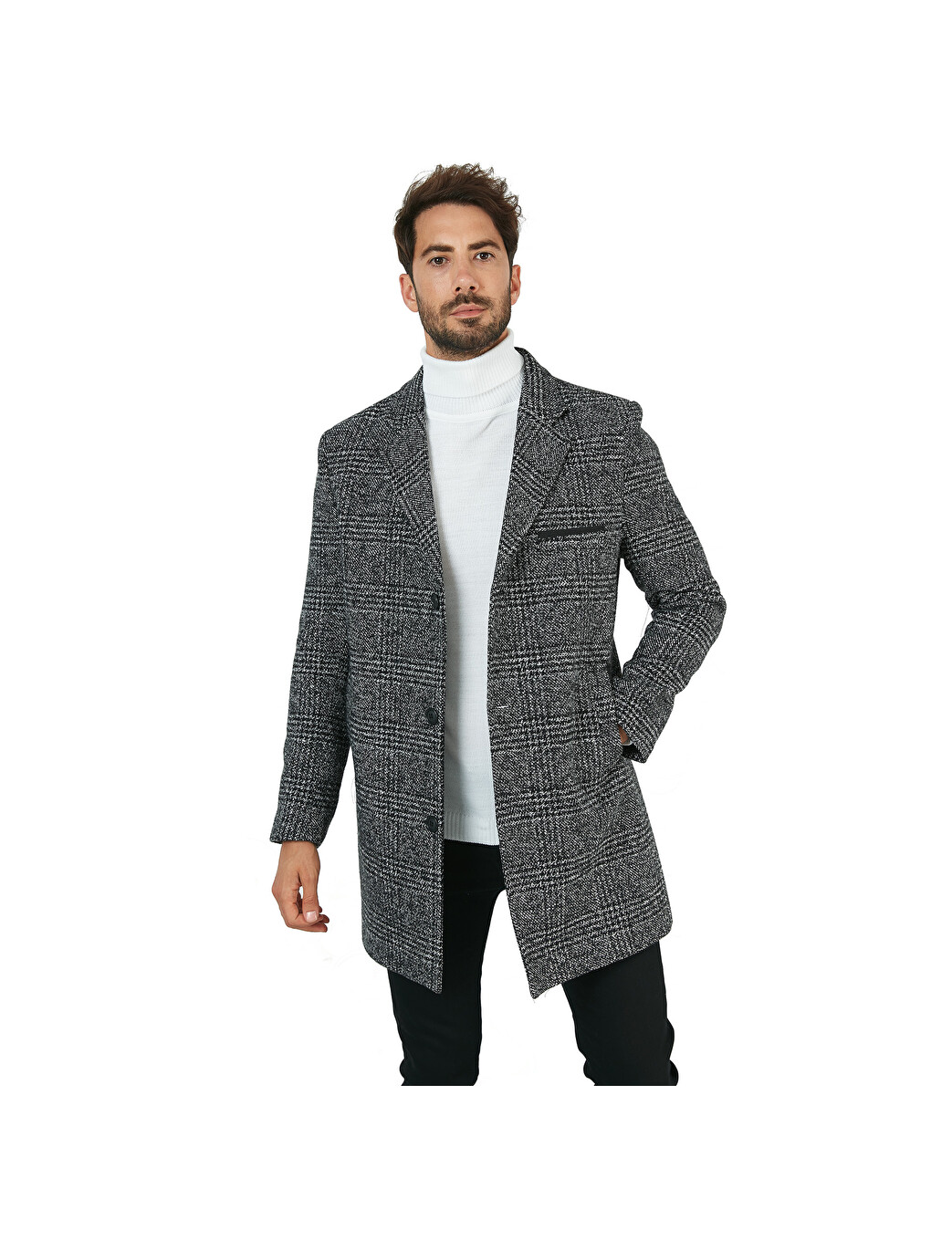 Siyah Slim Fit Tek Yırtmaçlı Düğmeli Mono Yaka Kaşe Erkek Kaban 5840098-8