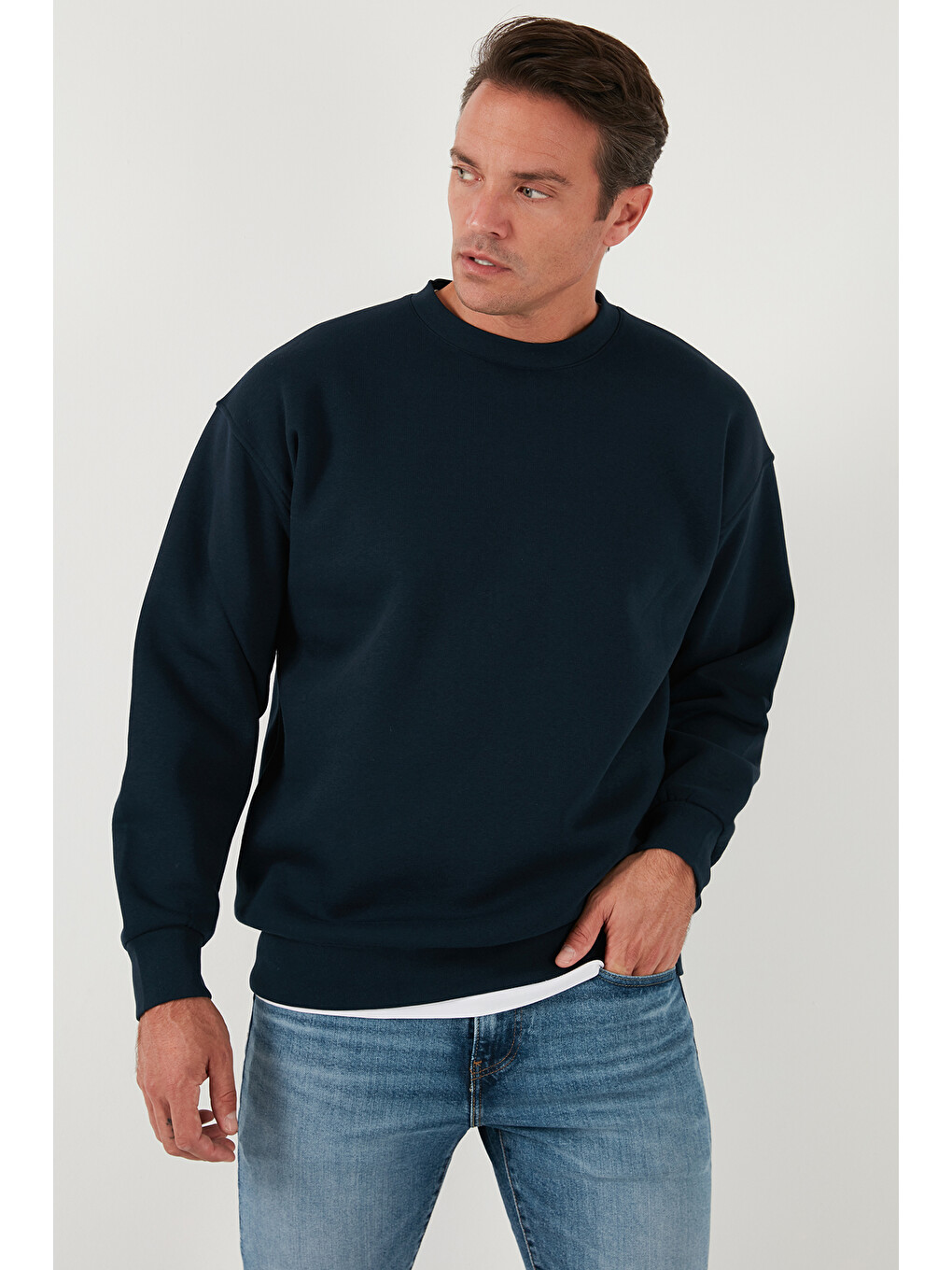 Lacivert Regular Fit Bisiklet Yaka Pamuklu İçi Tüylü Yumuşak Şardonlu Erkek Sweatshirt 5905255-3