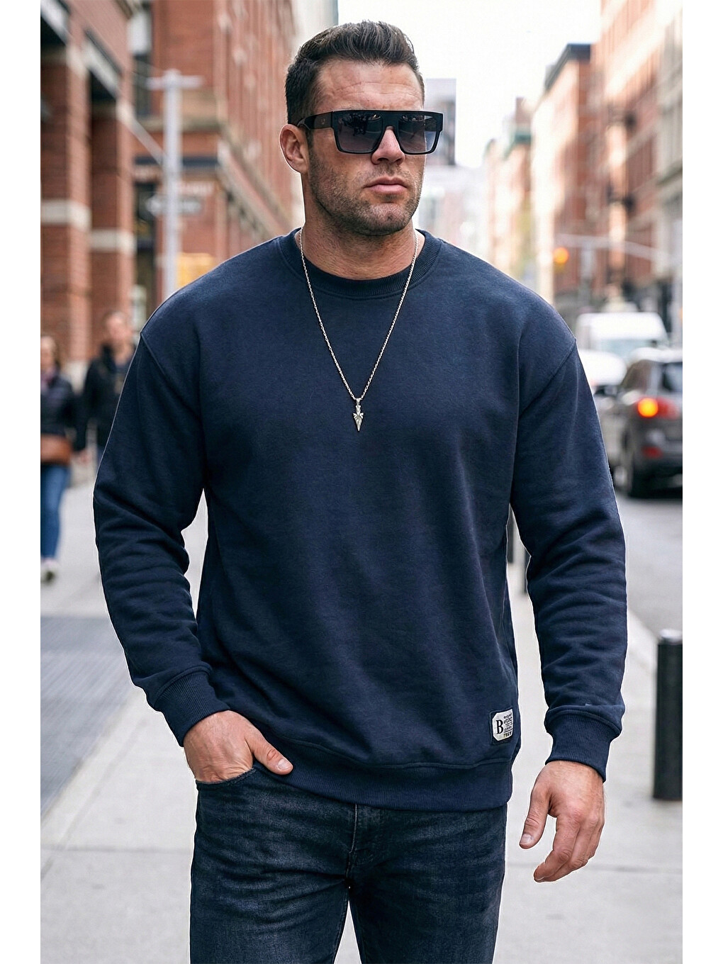 Lacivert Regular Fit Bisiklet Yaka Pamuklu İçi Tüylü Yumuşak Şardonlu Erkek Sweatshirt 5905255