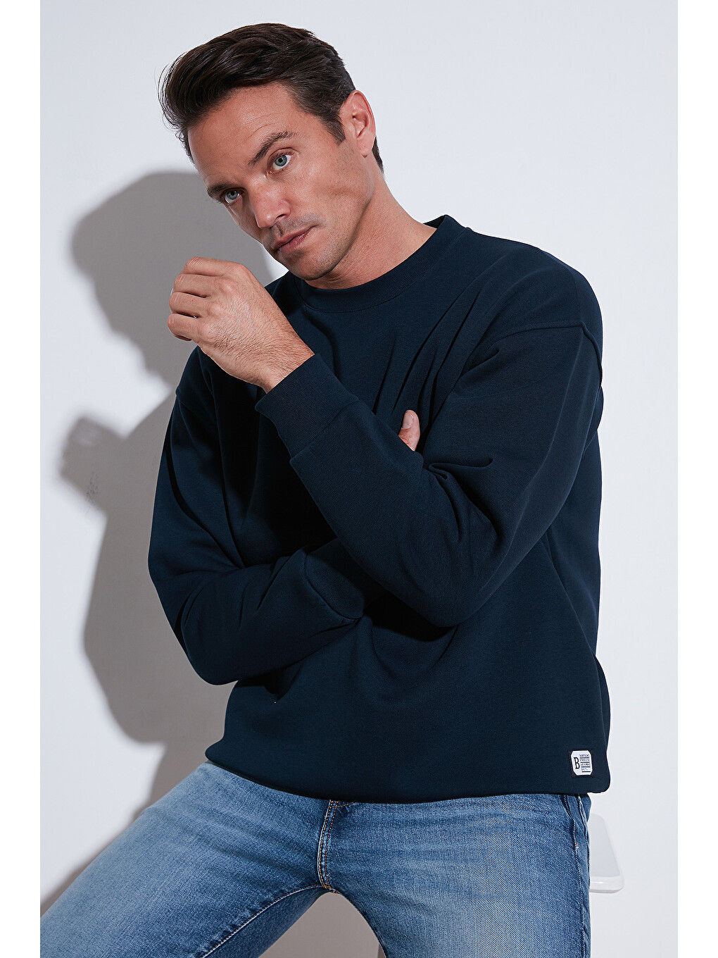 Lacivert Regular Fit Bisiklet Yaka Pamuklu İçi Tüylü Yumuşak Şardonlu Erkek Sweatshirt 5905255-1
