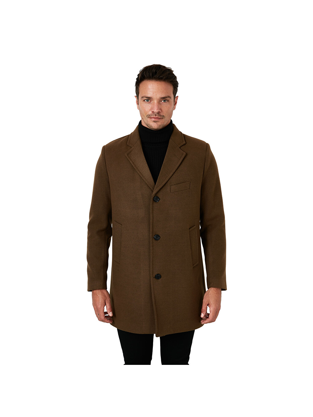 Kahverengi Slim Fit Tek Yırtmaçlı Düğmeli Mono Yaka Kaşe Erkek Kaban 5840098-6