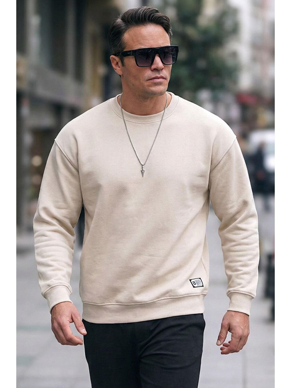 Bej Regular Fit Bisiklet Yaka Tüylü Yumuşak Şardonlu Sweat Erkek Sweatshirt 5905255