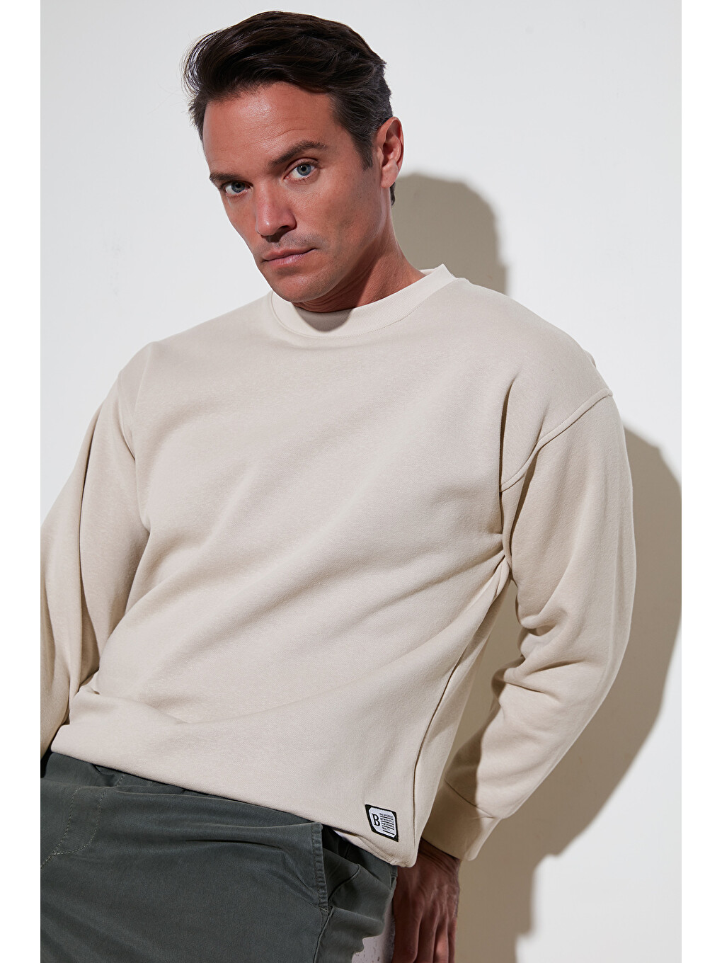 Bej Regular Fit Bisiklet Yaka Tüylü Yumuşak Şardonlu Sweat Erkek Sweatshirt 5905255-1