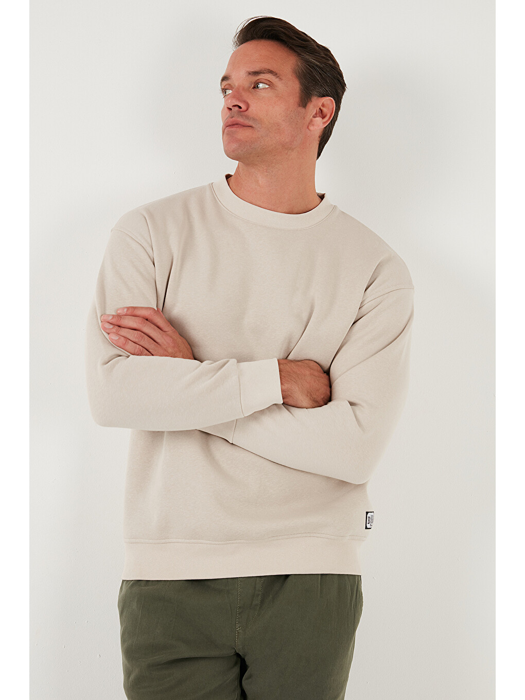 Bej Regular Fit Bisiklet Yaka Tüylü Yumuşak Şardonlu Sweat Erkek Sweatshirt 5905255-3