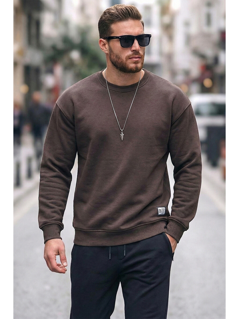 Kahverengi Regular Fit Bisiklet Yaka Pamuklu İçi Tüylü Yumuşak Şardonlu Erkek Sweat 5905255