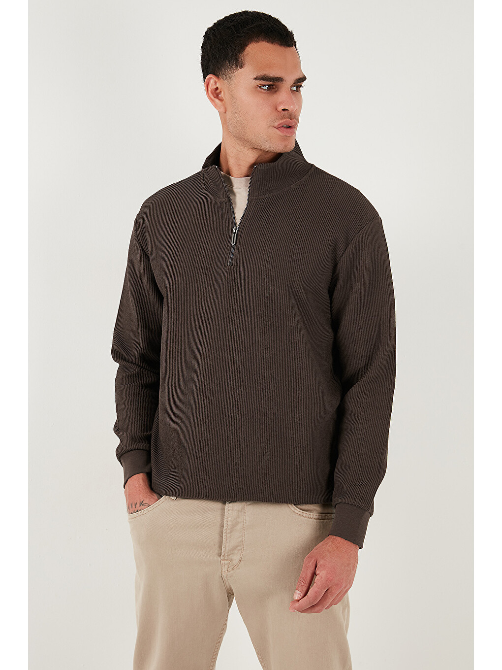 Kahverengi Pamuklu Regular Fit Yarım Fermuarlı Dik Yaka Erkek Sweat 5905716-5
