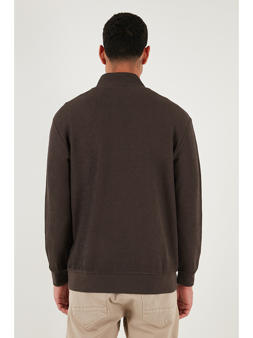 Kahverengi Pamuklu Regular Fit Yarım Fermuarlı Dik Yaka Erkek Sweat 5905716-6