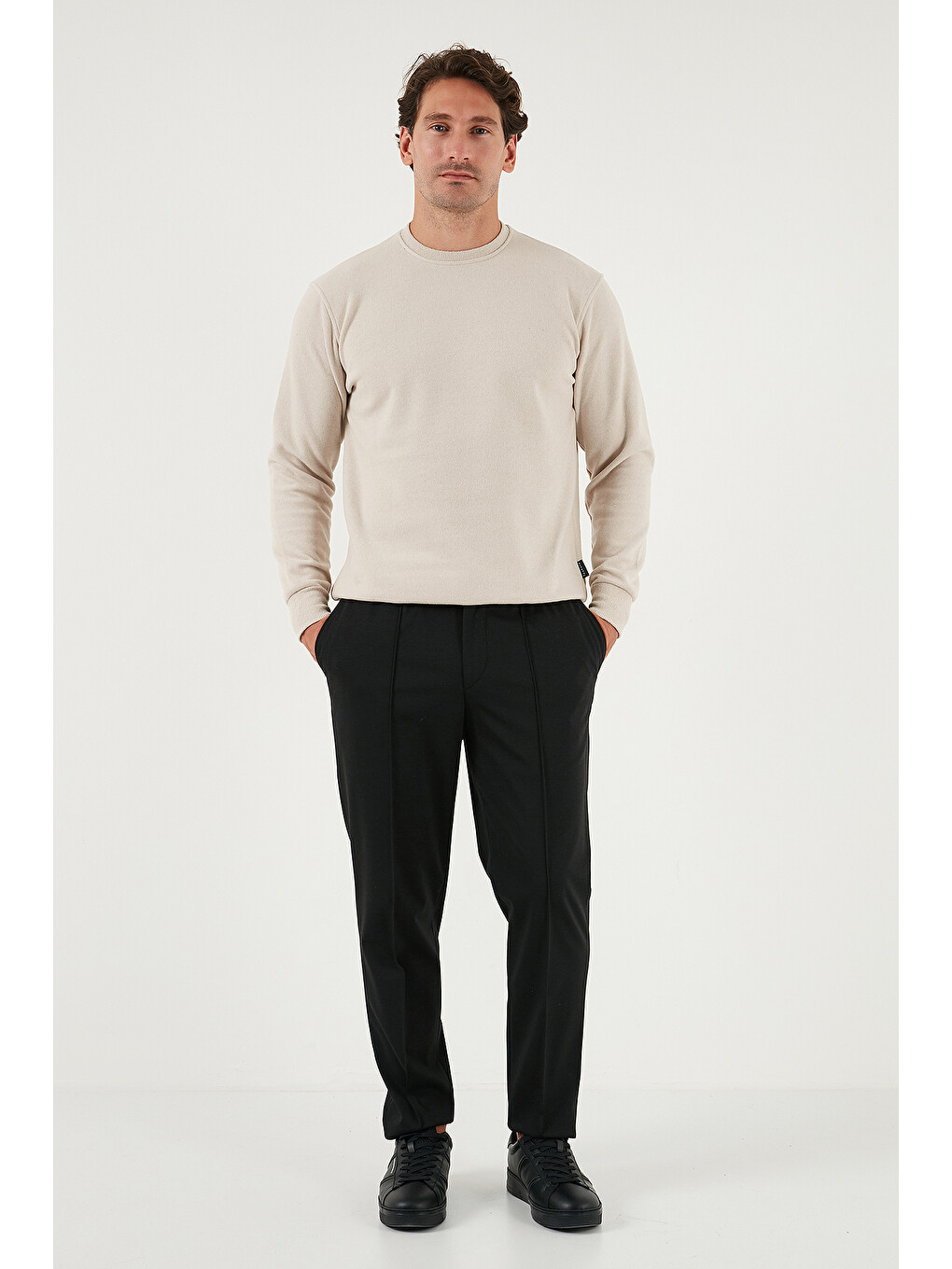 Bej Slim Fit Bisiklet Yaka Pamuklu Erkek Büyük Beden Kazak 456201-1