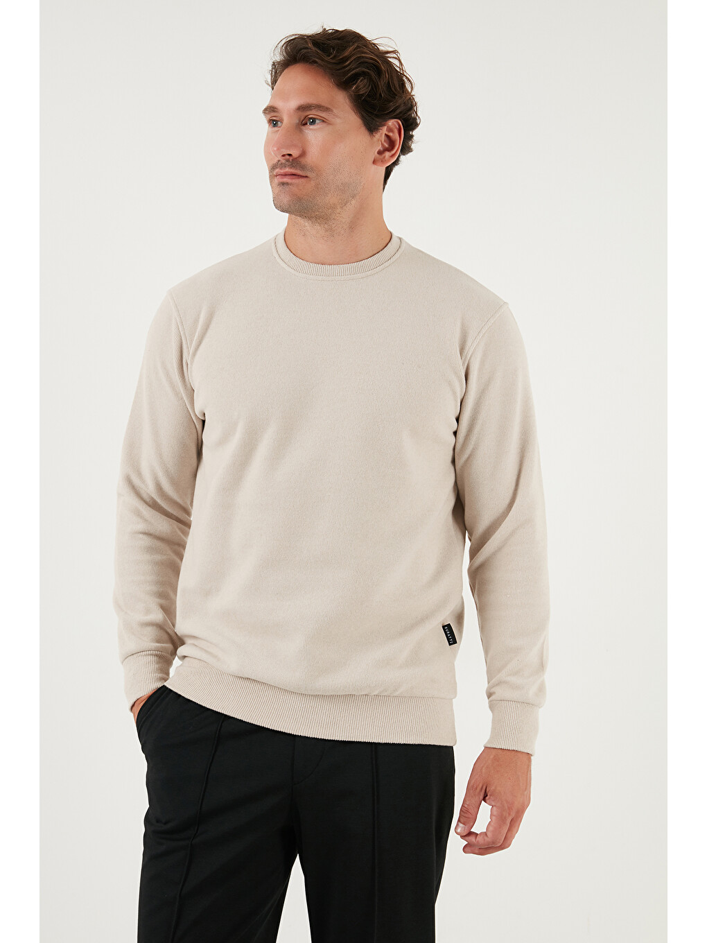 Bej Slim Fit Bisiklet Yaka Pamuklu Erkek Büyük Beden Kazak 456201-2