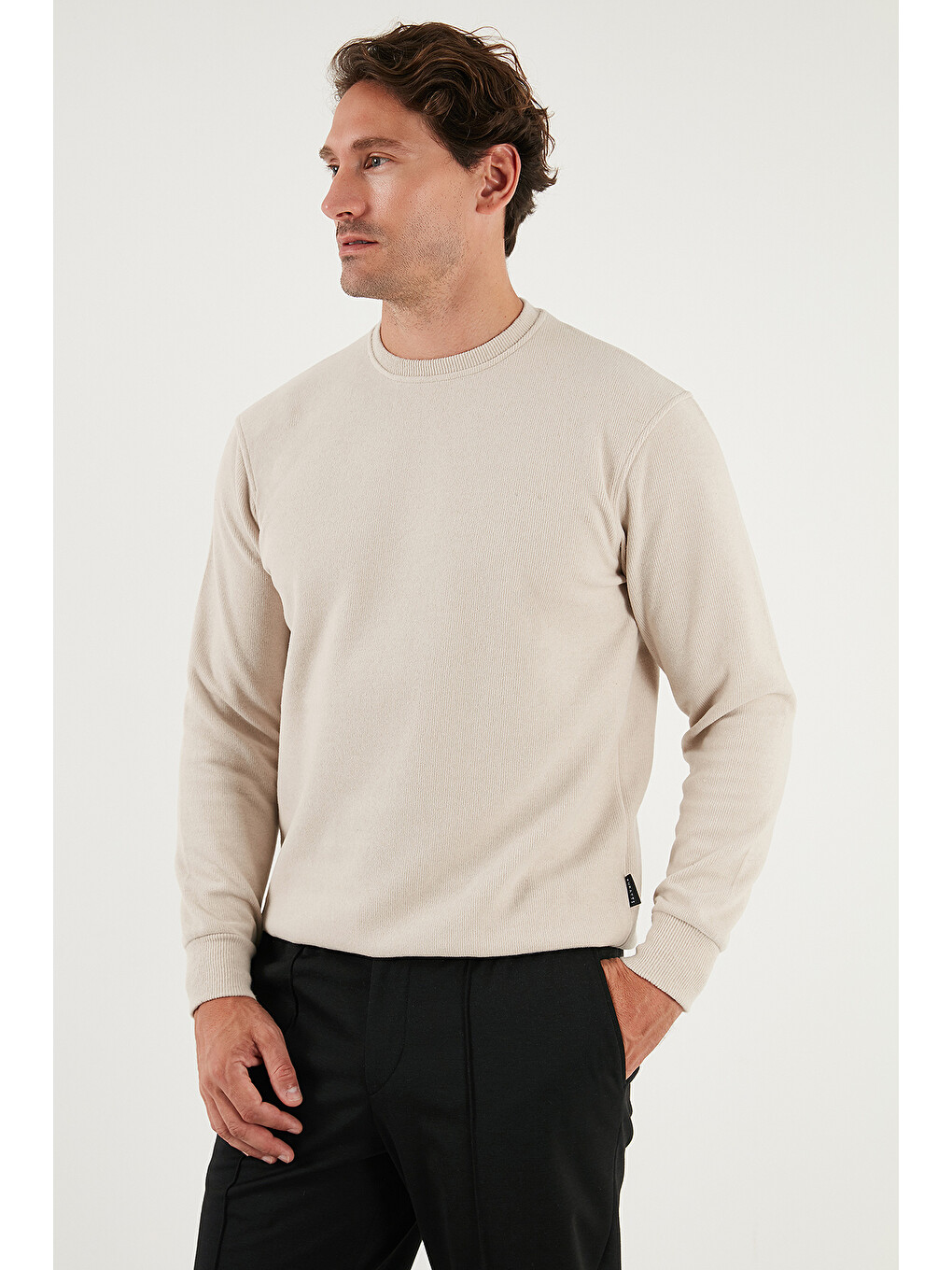 Bej Slim Fit Bisiklet Yaka Pamuklu Erkek Büyük Beden Kazak 456201-4