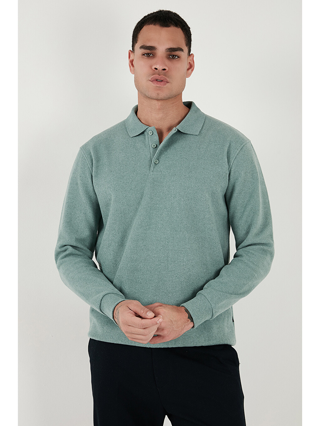 Yeşil Pamuk Karışımlı Regular Fit Polo Yaka Erkek Kazak 456223-2