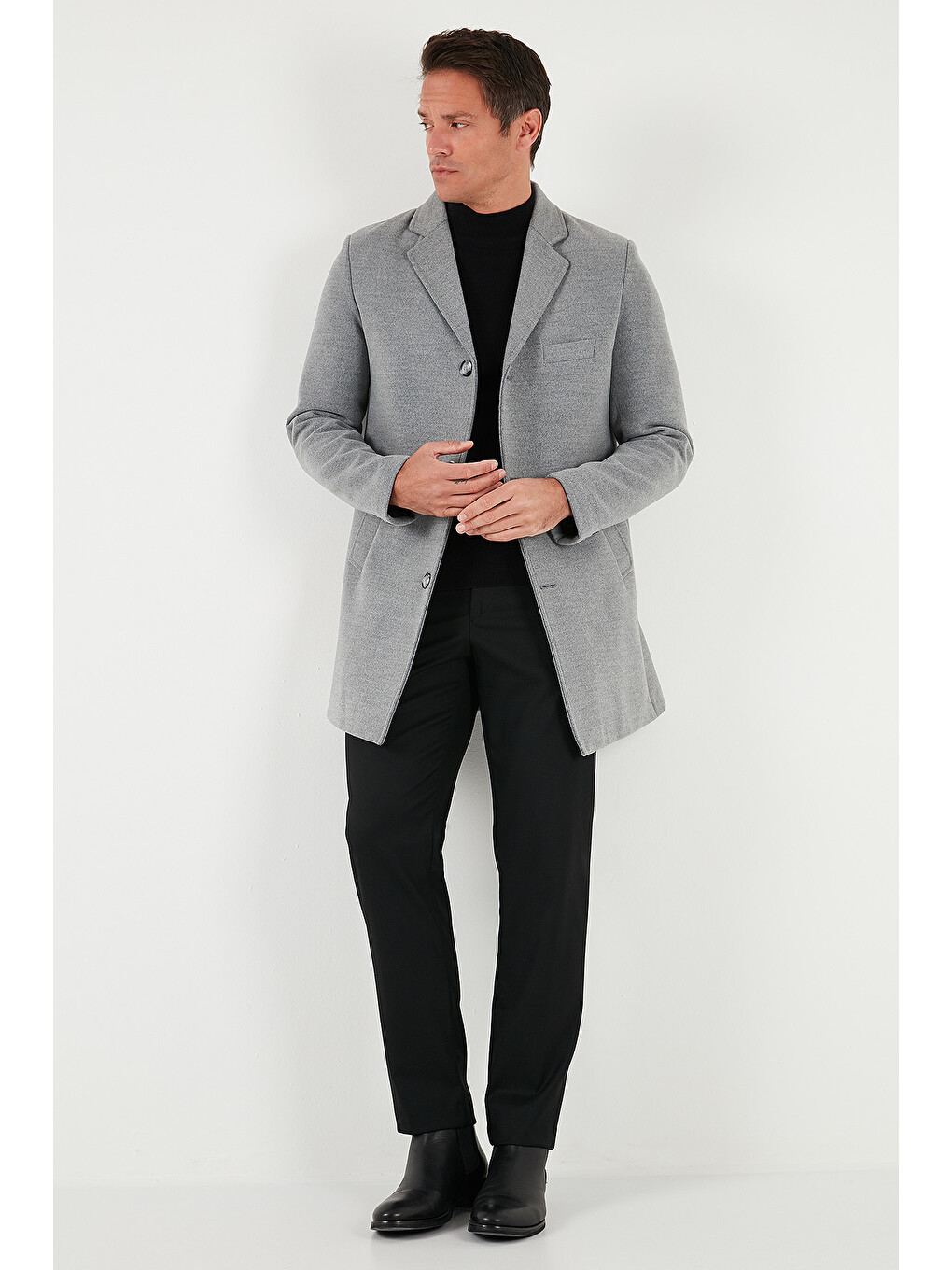 Gri Slim Fit Tek Yırtmaçlı Düğmeli Mono Yaka Kaşe Erkek Kaban 5840098-1