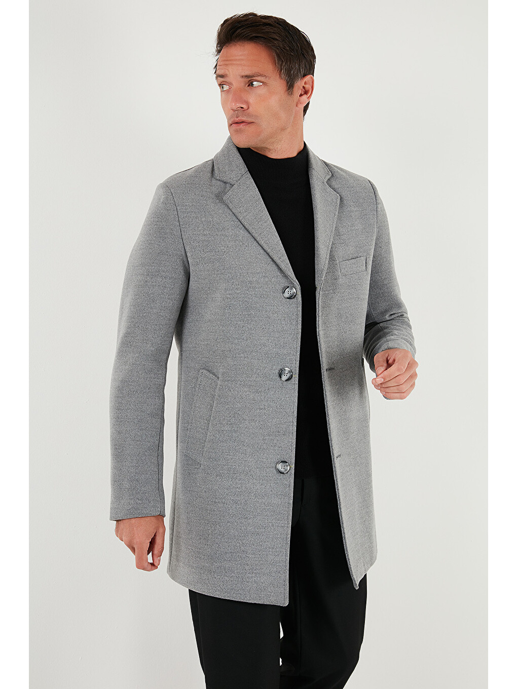 Gri Slim Fit Tek Yırtmaçlı Düğmeli Mono Yaka Kaşe Erkek Kaban 5840098-2