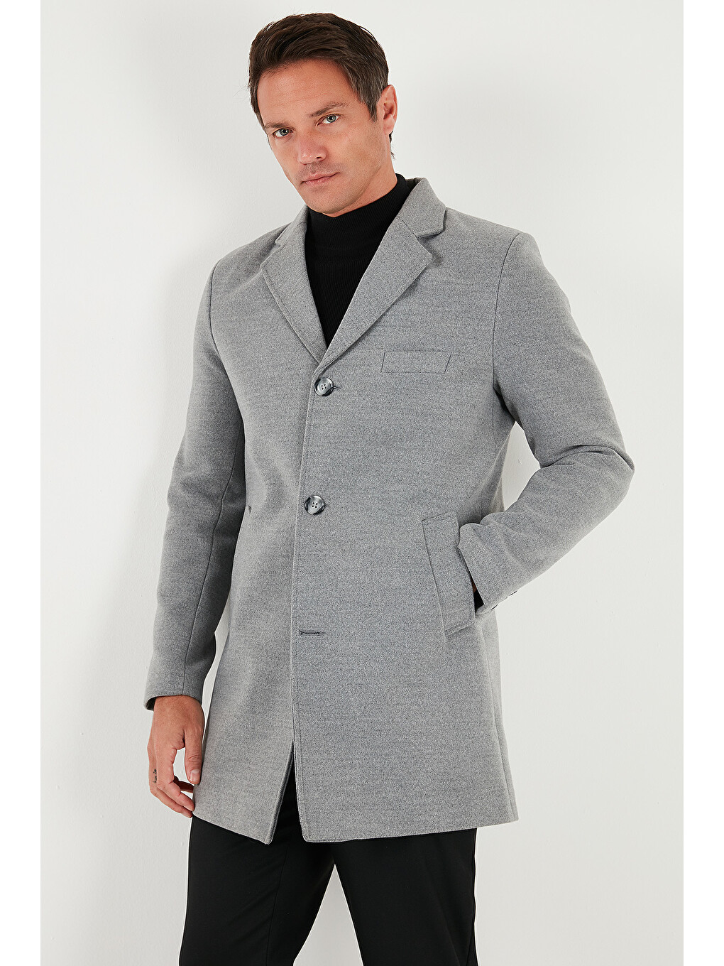 Gri Slim Fit Tek Yırtmaçlı Düğmeli Mono Yaka Kaşe Erkek Kaban 5840098-3