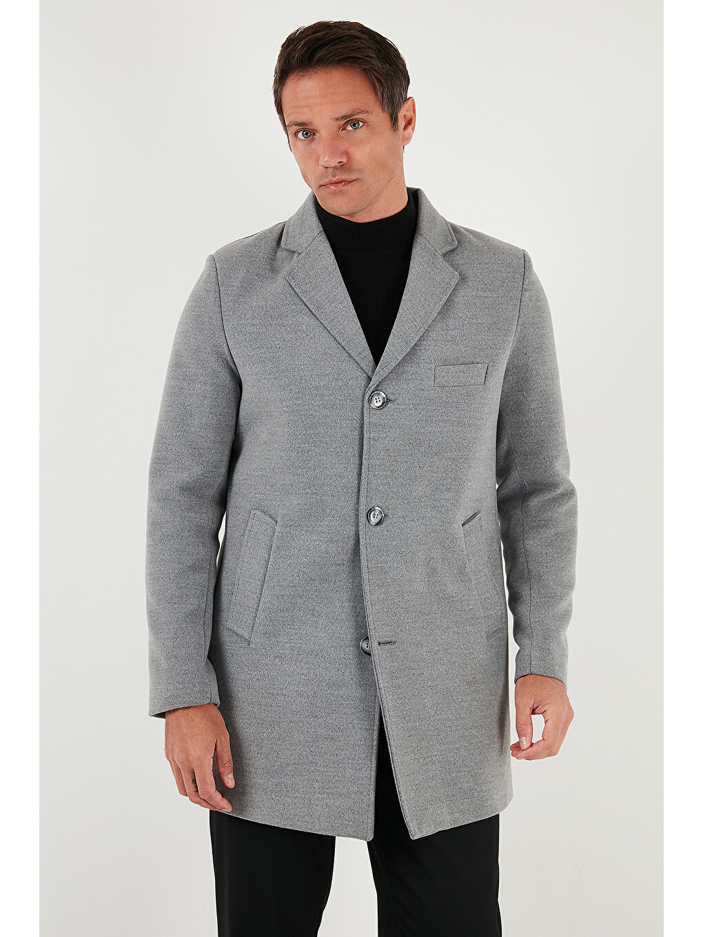 Gri Slim Fit Tek Yırtmaçlı Düğmeli Mono Yaka Kaşe Erkek Kaban 5840098-4