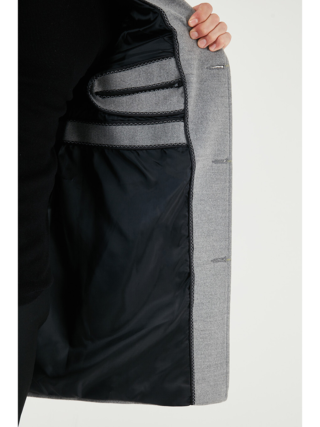 Gri Slim Fit Tek Yırtmaçlı Düğmeli Mono Yaka Kaşe Erkek Kaban 5840098-5