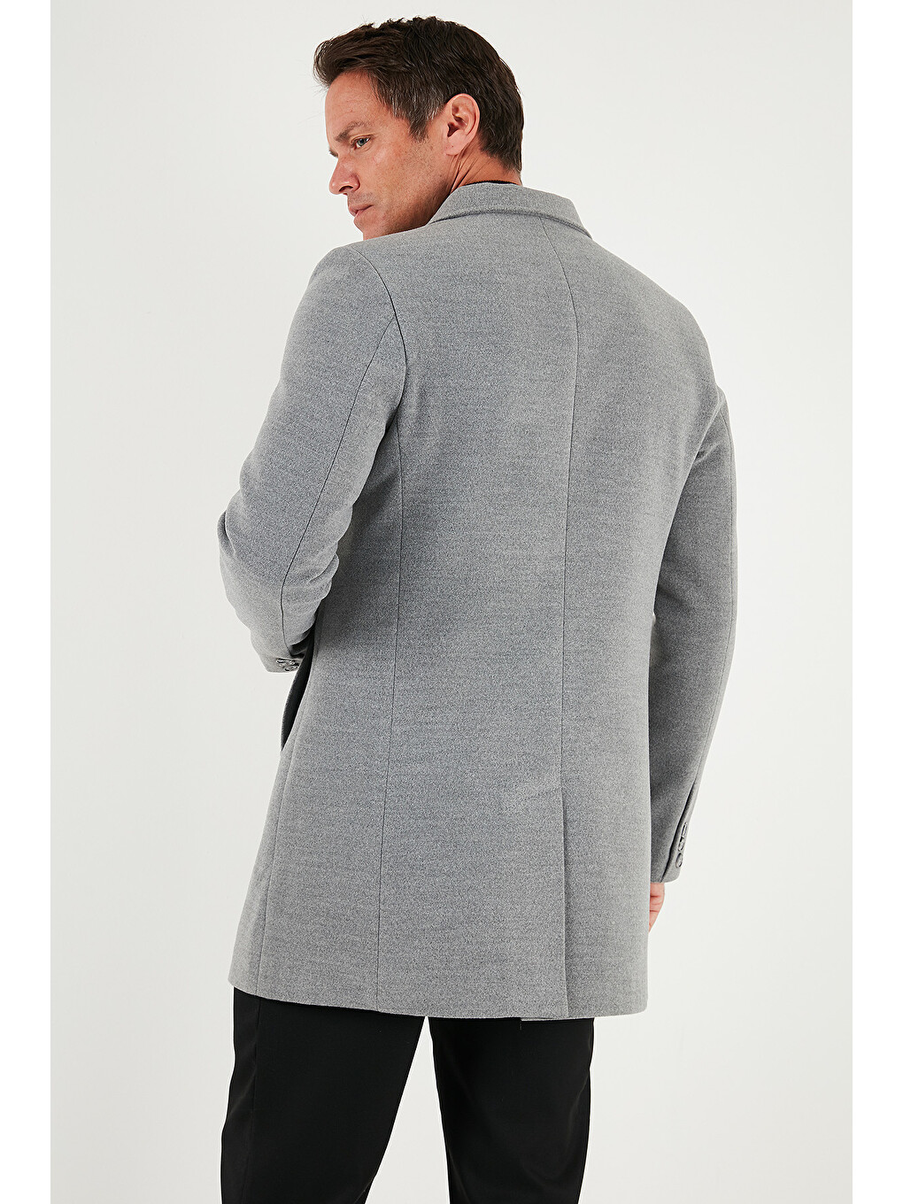 Gri Slim Fit Tek Yırtmaçlı Düğmeli Mono Yaka Kaşe Erkek Kaban 5840098-6