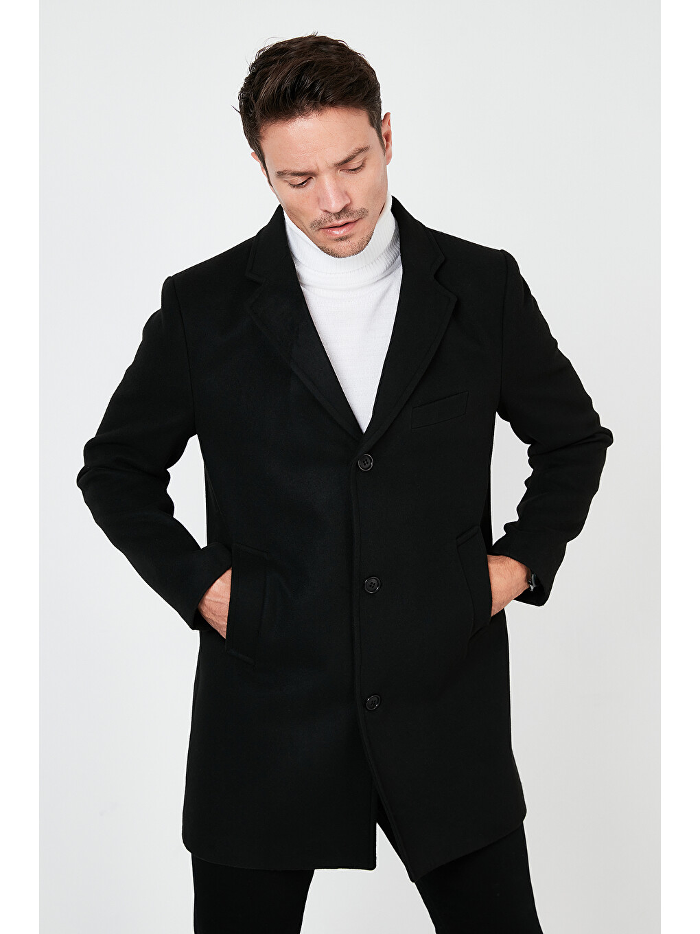 Siyah Slim Fit Tek Yırtmaçlı Düğmeli Mono Yaka Kaşe Erkek Kaban 5840098-2