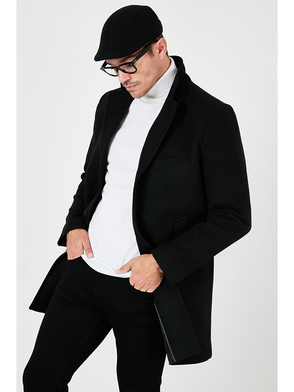Siyah Slim Fit Tek Yırtmaçlı Düğmeli Mono Yaka Kaşe Erkek Kaban 5840098-3