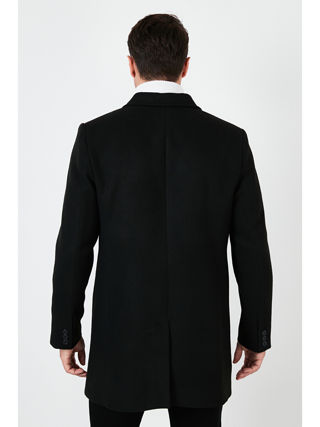 Siyah Slim Fit Tek Yırtmaçlı Düğmeli Mono Yaka Kaşe Erkek Kaban 5840098-4